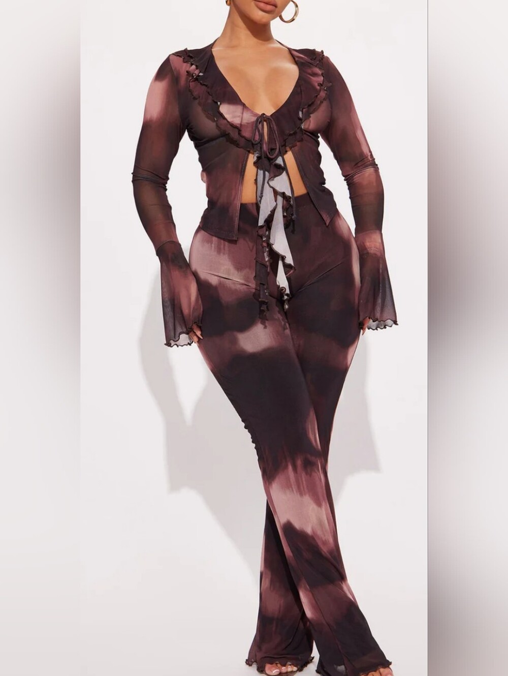 Fashion Nova Brown & Pink Mesh Two-Piece Set